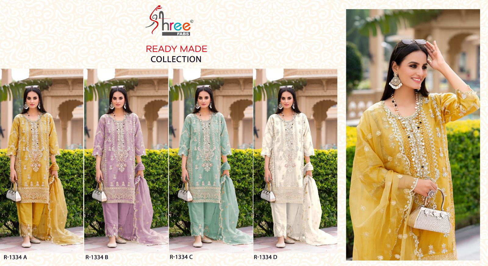 R 1334 By Shree Fabs Organza Readymade Suits Exporters In India